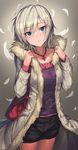  anastasia_(idolmaster) blue_eyes blush coat fur_trim geeto_gaadian highres idolmaster idolmaster_cinderella_girls jewelry long_sleeves looking_at_viewer necklace open_clothes open_coat open_mouth parka short_hair shorts silver_hair solo 