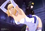  absurdres ahoge angry armpits artoria_pendragon_(all) bent_over blonde_hair bow candle candlestand cape caster choker dress dress_lift elbow_gloves fate/stay_night fate/unlimited_blade_works fate_(series) from_below garter_straps gloves hair_bow highres hood indoors looking_back megami multiple_girls official_art restrained saber scan shimabukuro_ricardo short_hair smile statue sweatdrop thighhighs white_dress white_gloves white_legwear 