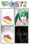  4koma aqua_eyes aqua_hair bug cake catstudioinc_(punepuni) cockroach collared_shirt color_drain comic drooling food fork hatsune_miku highres insect left-to-right_manga necktie peter_(miku_plus) plate shirt slice_of_cake solo thai translated twintails vocaloid 