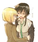  2girls black_hair blonde_hair blue_eyes dominica_s_gentile jacket jane_t_godfrey military military_uniform multiple_girls necktie open_mouth sleepy uniform world_witches_series 