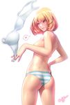  areolae ass back blonde_hair bra bra_removed brown_eyes hand_on_hip heart highres lips midorikawa_hana one3four! panties prison_school short_hair solo spoken_heart striped striped_panties topless underwear underwear_only white_background 