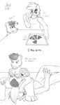  2015 amor anthro bear breasts butt clothed clothing comic digital_drawing_(artwork) eating facesitting female food herseio line_art loincloth male mammal pizza raccoon sketch text 