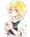  :o apron artist_name bad_id bad_pixiv_id blonde_hair blush braid coffee_mug cup hair_ribbon highres hot_drink kirisame_marisa looking_at_viewer mug mushroom ribbon rosette_(roze-ko) short_hair signature single_braid sketch solo steam touhou tress_ribbon turtleneck upper_body vest yellow_eyes 