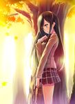  bag black_hair blush bookbag bow brown_eyes brown_hair brown_jacket hairband hand_on_own_chest holding holding_bag huyukaaki jacket leaf long_hair long_sleeves looking_down open_mouth original plaid plaid_skirt pleated_skirt red_bow school_uniform skirt solo sunset tree 