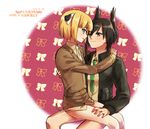  2girls animal_ears arms_around_neck black_hair blonde_hair blue_eyes dog_ears dog_tail dominica_s_gentile jane_t_godfrey military military_uniform multiple_girls necktie no_pants ribbon sitting sitting_on_lap sitting_on_person tail uniform world_witches_series yuri 
