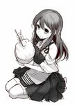  akagi_(kantai_collection) eating kantai_collection long_hair monochrome simple_background skirt solo white_background yuzuki_kihiro 