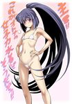  &gt;:) akatsuki_(log_horizon) bikini black_hair blush flat_chest hands_on_hips kouda_tomohiro log_horizon long_hair navel ponytail purple_eyes smile solo string_bikini swimsuit translated v-shaped_eyebrows very_long_hair 