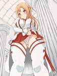  absurdres arykei asuna_(sao) brown_eyes brown_hair column from_below highres long_hair panties pantyshot pillar sheath solo sword_art_online thighhighs underwear 