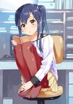  blue_hair book imai_midori long_hair looking_at_viewer pantyhose purple_eyes shirobako side_ponytail skirt solo sweater yamamoto_shima 