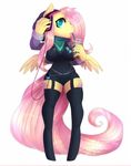  2015 anthro anthrofied big_breasts breasts caindra clothing cutie_mark equine female fluttershy_(mlp) friendship_is_magic hair headphones holding ipod legwear long_hair looking_at_viewer mammal my_little_pony pegasus pink_hair plain_background solo standing straw tongue watermakr white_background wings yellow_skin 