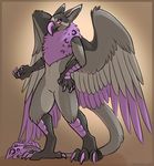  2015 anthro avian beak black_feathers black_skin chest_tuft claws female fur grey_feathers gryphon looking_at_viewers neck_tuft nude plain_background pose purple_eyes purple_feathers purple_fur purple_scales purple_spots royalty_(artist) smile solo tuft wings 