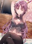  armpits arms_behind_head bad_id bad_pixiv_id cleavage_cutout crossed_legs dsmile long_hair looking_at_viewer midriff mirai_nikki navel no_eyepatch one_eye_closed purple_eyes purple_hair sitting sleeveless solo uryuu_minene 