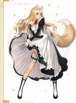  animal_ears blonde_hair breasts cat_ears cat_tail cleavage_cutout dress fishnet_legwear fishnets headdress highres knife legs long_hair long_legs long_sleeves lorna_(shining_hearts) maid maid_headdress medium_breasts official_art shining_(series) shining_hearts skirt skirt_lift solo tail tanaka_takayuki thighhighs 