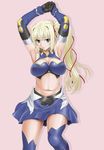  armpits arms_up bare_shoulders blonde_hair blue_eyes breasts cleavage elbow_gloves frown gloves hair_ribbon large_breasts limalisha lips long_hair looking_at_viewer madan_no_ou_to_vanadis midriff misnon_the_great pink_background pleated_skirt ribbon side_ponytail simple_background skirt solo thighhighs zettai_ryouiki 