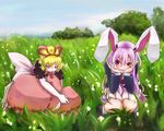  animal_ears blonde_hair blue_sky blurry bubble_skirt bunny_ears cloud day depth_of_field elbows_on_knees flower grass hair_ribbon head_rest knees_to_chest lavender_hair leg_hug light_frown light_smile lily_of_the_valley lips long_hair looking_at_viewer looking_down meadow medicine_melancholy mountain multiple_girls outdoors pleated_skirt puffy_short_sleeves puffy_sleeves red_eyes reisen_udongein_inaba ribbon sakuya_(sa_ku_yan) short_hair short_sleeves silver_eyes skirt sky squatting suit_jacket touhou tree very_long_hair 