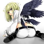  1boy 510 androgynous ass beatmania beatmania_iidx belt blonde_hair blush from_behind halo looking_at_viewer purple_eyes rche_(beatmania) shoes short_hair shorts smile solo trap wariza wings 