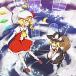  any_(lucky_denver_mint) apron blonde_hair bobby_socks braid broom broom_riding flandre_scarlet flying from_above hat kirisame_marisa multiple_girls open_mouth ponytail red_eyes short_hair side_braid side_ponytail smile socks touhou waist_apron wings witch_hat yellow_eyes 