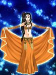  74 bikini_top black_hair circlet dancer detached_sleeves dress earrings fire_emblem fire_emblem:_seisen_no_keifu grey_eyes jewelry laylea_(fire_emblem) long_hair midriff necklace orange_dress ponytail 