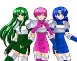  74 arm_holding armor armored_dress blue_eyes blue_hair blush boots dress est fingerless_gloves fire_emblem fire_emblem:_monshou_no_nazo gloves green_eyes green_hair green_skirt headband katua long_hair multiple_girls open_mouth paola pegasus_knight pink_hair short_hair siblings sisters skirt smile thigh_boots thighhighs white_background 