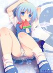  1girl blue_eyes blue_hair blue_panties blue_skirt bow cirno food hair_bow mary_janes mouth_hold namamo_nanase panties pantyshot pantyshot_(sitting) petticoat popsicle shoes short_hair sitting skirt socks solo striped striped_panties touhou underwear watermelon_bar white_legwear wings 