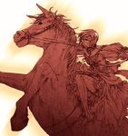  breasts commentary_request detached_collar dress frown gem holding horse horseback_riding light_trail long_sleeves medieval meiko monochrome no_shoes puffy_sleeves rearing red riding short_hair solo spot_color thighhighs vocaloid watari_taichi yellow_eyes 
