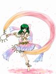  74 anklet barefoot bikini_top bow bridal_gauntlets dancer dancing fire_emblem fire_emblem:_seisen_no_keifu green_eyes green_hair hair_bow jewelry leen_(fire_emblem) midriff necklace open_mouth petals ribbon skirt smile solo 