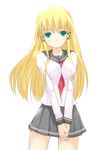  bad_id bad_pixiv_id blonde_hair breast_squeeze breasts green_eyes hands_clasped kuro_(be_ok) large_breasts long_hair original own_hands_together school_uniform serafuku solo 