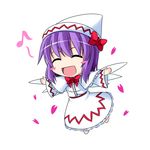  ^_^ blush_stickers capelet chibi closed_eyes cosplay dress hat ichimi lily_white lily_white_(cosplay) musical_note nagae_iku open_mouth outstretched_arms petals purple_hair short_hair smile solo touhou white_dress wings 
