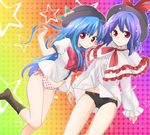  blue_hair food fruit hat hinanawi_tenshi long_hair machiko_(beard) multiple_girls nagae_iku no_pants panties peach purple_hair red_eyes short_hair touhou underwear 