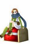  74 boots brown_eyes brown_hair cath elbow_gloves fingerless_gloves fire_emblem fire_emblem:_fuuin_no_tsurugi gloves green_footwear key mouth_hold scarf short_hair solo treasure_chest 