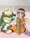  armor cape chrono_(series) chrono_trigger glasses green_eyes hat headset kaeru_(chrono_trigger) lucca_ashtear purple_hair saderu short_hair 