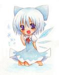  bad_id bad_pixiv_id barefoot blue_eyes blue_hair blush chibi cirno dress hair_ribbon ice mikoko_(mg2) ribbon solo touhou wings 