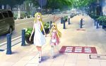  amae_koromo blonde_hair bus_stop car casual ground_vehicle hairband hikai long_hair motor_vehicle multiple_girls ryuumonbuchi_touka saki sidewalk thighhighs zettai_ryouiki 