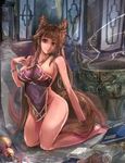  animal_ears bare_shoulders barefoot breasts brown_hair bursting_breasts dudou fox_ears gourd large_breasts legs lips long_hair original purple_eyes solo suoni_(deeperocean) sweat tail 