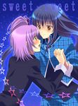  1girl artist_request blue_hair couple fujisaki_nagihiko hetero hinamori_amu holding_hands long_hair pink_hair plaid school_uniform shugo_chara! star yellow_eyes 