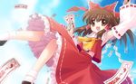  bow brown_eyes brown_hair detached_sleeves gohei hair_bow hakurei_reimu ofuda s_nyaau short_hair solo touhou wallpaper 