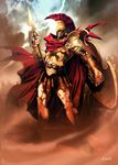  armor cape full_body genzoman helmet lance male_focus myl plume polearm red_cape shield signature solo spartan standing weapon 