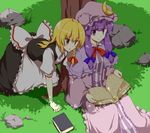  against_tree all_fours any_(lucky_denver_mint) apron blonde_hair blue_eyes blush book bow braid capelet grass hair_bow hat kirisame_marisa large_bow light_smile long_hair multiple_girls no_hat no_headwear open_book patchouli_knowledge purple_eyes purple_hair reading ribbon shade touhou tree waist_apron yellow_eyes 