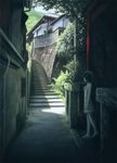  1girl alley barefoot building chiki_(artist) child dark female flat_chest nature outdoors pale_skin scenery shadow solo stairs tree wall 