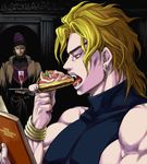  alcohol blonde_hair book cup dio_brando drinking_glass earrings eating fangs food gorgeous_irene grapefruit jewelry jojo_no_kimyou_na_bouken male_focus merumeru626 multiple_boys muscle pie red_eyes sleeveless sleeveless_turtleneck solo_focus terence_trent_d'arby tray turtleneck wine wine_glass 