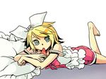  aqua_eyes bad_id bad_pixiv_id barefoot blonde_hair casual food hair_ribbon kagamine_rin lying on_stomach pillow popsicle ribbon short_hair shorts smile solo vocaloid watermelon_bar windbard 