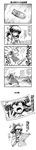  1girl anger_vein angry blush bow broom bug cicada comic detached_sleeves greyscale hair_bow hakurei_reimu highres insect long_image miyamoto_ryuuichi monochrome newspaper paparazzi short_hair sigh tall_image touhou translated veins 