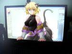  animal_ears arm_warmers bad_id bad_pixiv_id blonde_hair breasts cat_ears cat_tail computer covered_nipples fingernails fourth_wall green_eyes kemonomimi_mode large_breasts long_fingernails minigirl mizuhashi_parsee monitor ootsuki_wataru open_clothes scarf sharp_fingernails short_hair sleeveless solo tail through_screen touhou 