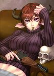  animal_ears bad_id bad_pixiv_id breasts brown_hair bullet copyright_request earrings gun horns jewelry kataharaitai_aesop large_breasts mouth_hold navel purple_eyes skull solo trigger_discipline turtleneck weapon 