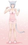  animal_ears aqua_eyes aqua_hair cat_ears final_fantasy final_fantasy_xiv full_body glass highres lingerie miqo'te navel see-through slippers solo tail takatsuki_kahiro toothbrush underwear water 