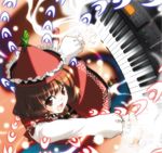  brown_eyes brown_hair buttons danmaku frilled_hat frills happy hat hiyorimi instrument keyboard_(instrument) long_sleeves lyrica_prismriver music playing_instrument red_footwear red_hat red_shirt red_skirt shirt shoes short_hair skirt solo star touhou white_legwear 