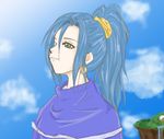 1girl blue_hair chrono_(series) chrono_trigger cloud clouds earrings female green_eyes jewelry kairajun long_hair outdoors ponytail schala_zeal sky solo 