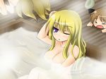  bath binsen blonde_hair breasts chen cleavage large_breasts multiple_girls nude one_eye_closed touhou yakumo_ran yakumo_yukari 