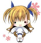  blonde_hair blush_stickers bunny chibi full_body hair_ribbon long_hair lowres lyrical_nanoha mahou_shoujo_lyrical_nanoha_strikers o_o ribbon sakura_rio skirt smile socks solo stuffed_animal stuffed_bunny stuffed_toy two_side_up vivio 