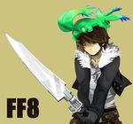  belt brown_background carbuncle_(final_fantasy) copyright_name final_fantasy final_fantasy_viii fur_trim gloves gunblade jacket jewelry male_focus multiple_belts necklace scar shiyoge squall_leonhart weapon wince 